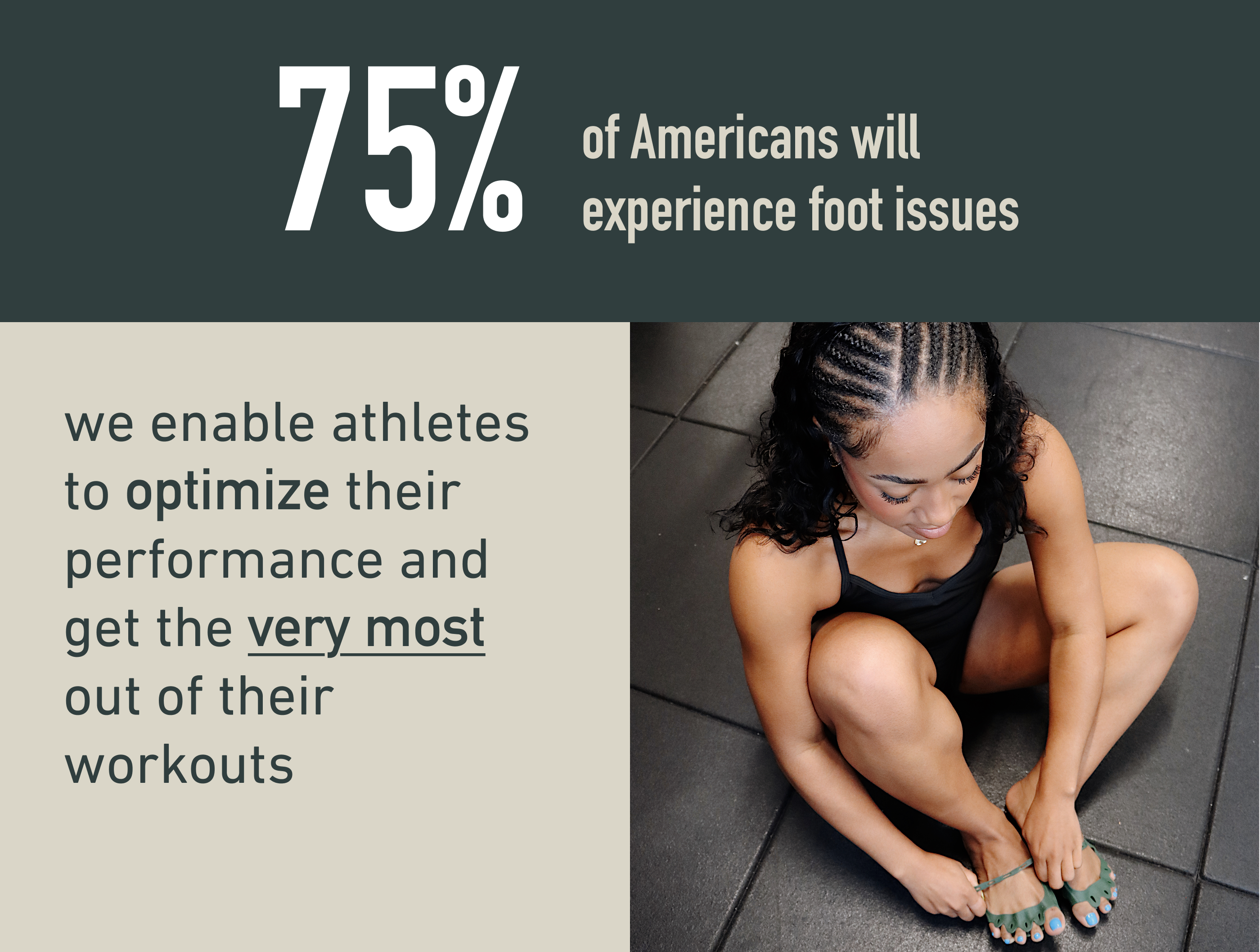 Woman sitting on a tiled floor with text about foot issues and performance optimization.