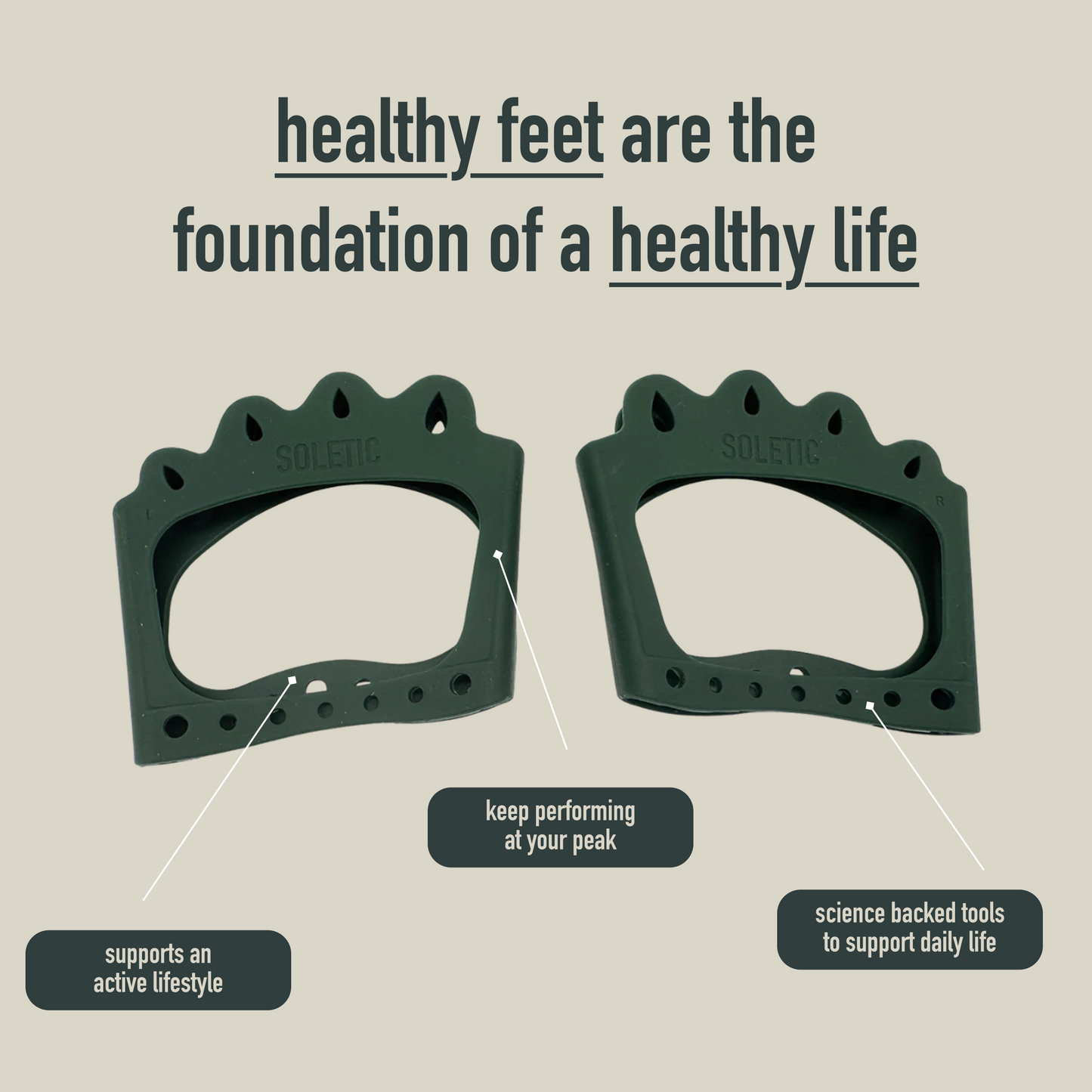 Two green foot supports with text on a beige background