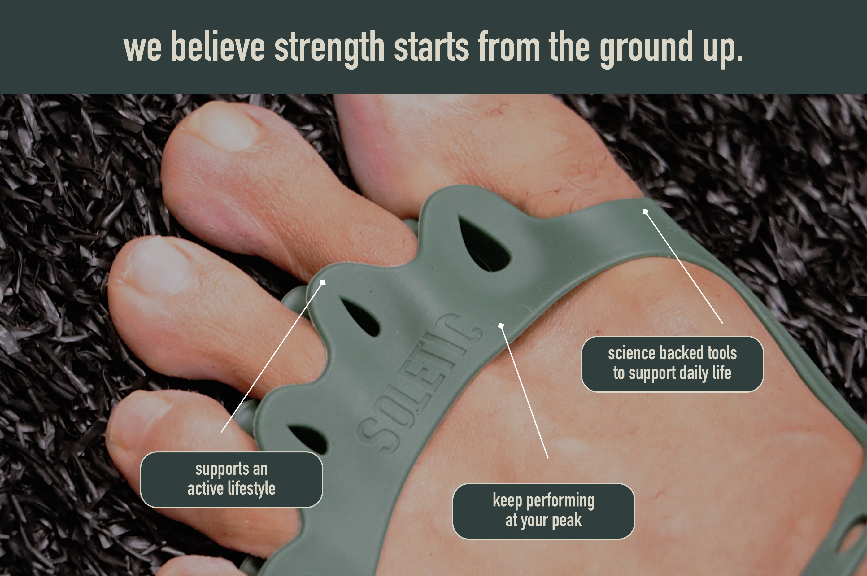 Close-up of a foot wearing a green athletic shoe with text about strength and support.