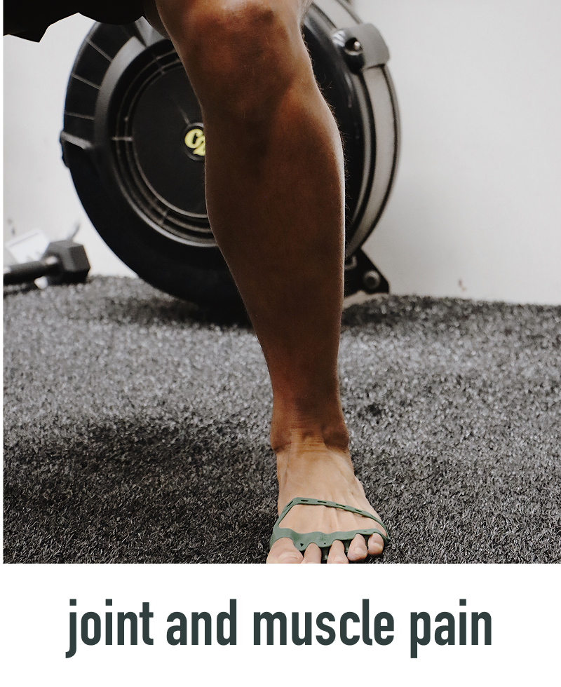 Person using a roller on their leg with text 'joint and muscle pain' at the bottom.